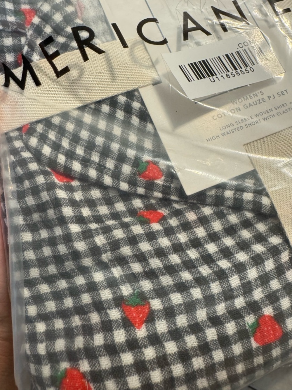American Eagle Outfitters Women's Gray Gingham Cotton Pajama Set with Red Hearts - Picture 3 of 3